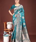 Turquoise banarasi silk blend floral woven saree