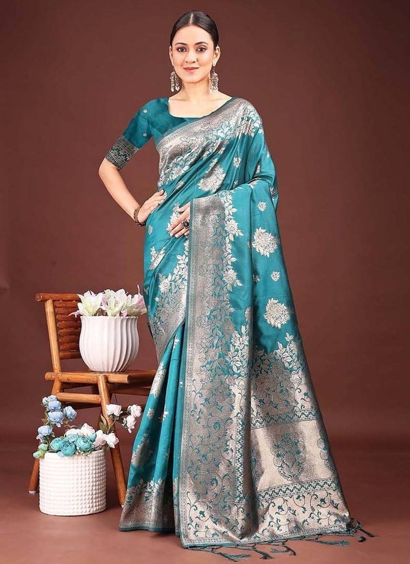 Turquoise banarasi silk blend floral woven saree