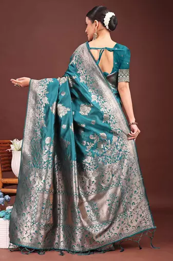 Turquoise banarasi silk blend floral woven saree