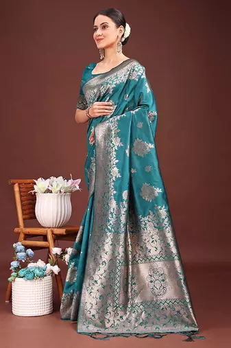 Turquoise banarasi silk blend floral woven saree