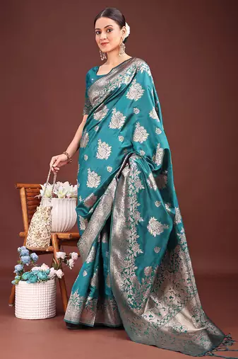 Turquoise banarasi silk blend floral woven saree