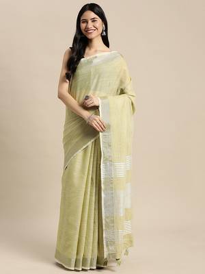 l light green cotton blend saree with zari border & striped pallu 1