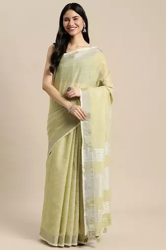l light green cotton blend saree with zari border & striped pallu