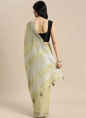 l light green cotton blend saree with zari border & striped pallu 2