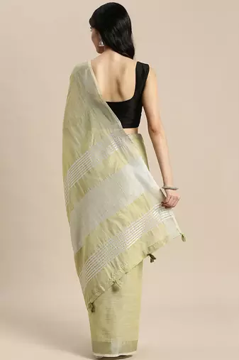 l light green cotton blend saree with zari border & striped pallu