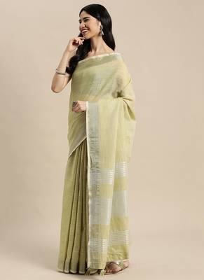 l light green cotton blend saree with zari border & striped pallu 3