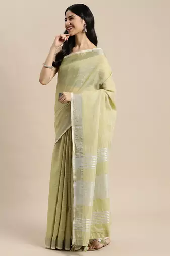 l light green cotton blend saree with zari border & striped pallu