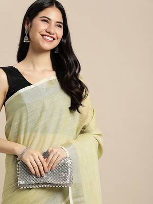 l light green cotton blend saree with zari border & striped pallu 4
