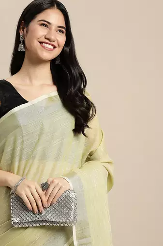 l light green cotton blend saree with zari border & striped pallu