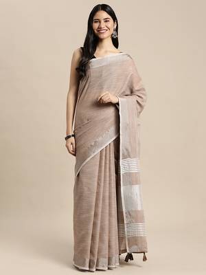 beige cotton blend saree with zari border & striped pallu 1