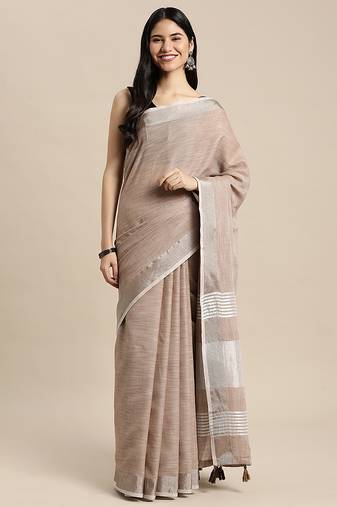 beige cotton blend saree with zari border & striped pallu