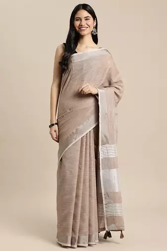 beige cotton blend saree with zari border & striped pallu