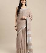 beige cotton blend saree with zari border & striped pallu