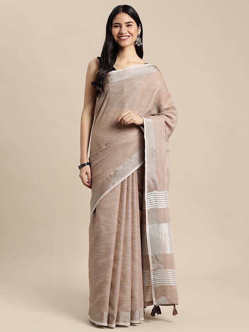 beige cotton blend saree with zari border & striped pallu