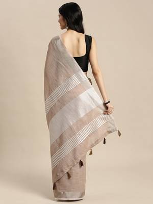 beige cotton blend saree with zari border & striped pallu 2