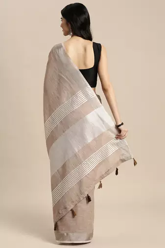 beige cotton blend saree with zari border & striped pallu