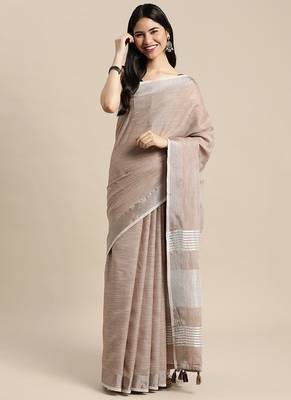 beige cotton blend saree with zari border & striped pallu 3