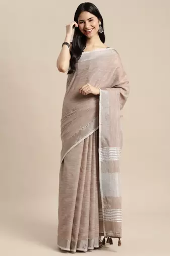 beige cotton blend saree with zari border & striped pallu
