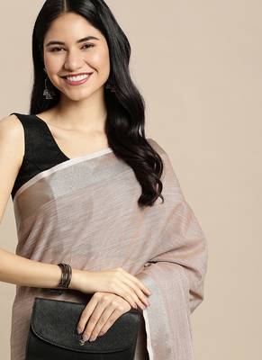 beige cotton blend saree with zari border & striped pallu 4