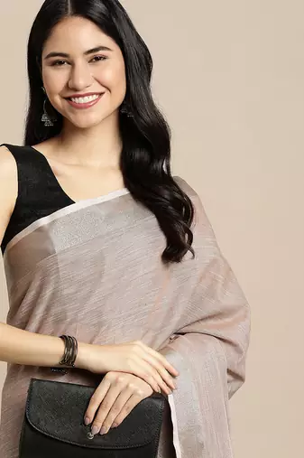 beige cotton blend saree with zari border & striped pallu