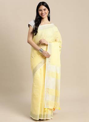 lemon yellow cotton blend saree with zari border & striped pallu 1