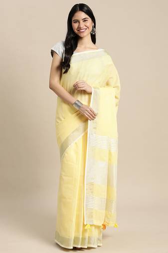 lemon yellow cotton blend saree with zari border & striped pallu