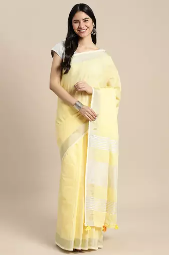 lemon yellow cotton blend saree with zari border & striped pallu