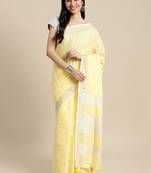 lemon yellow cotton blend saree with zari border & striped pallu