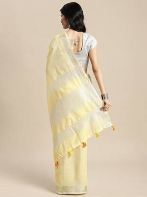 lemon yellow cotton blend saree with zari border & striped pallu 2