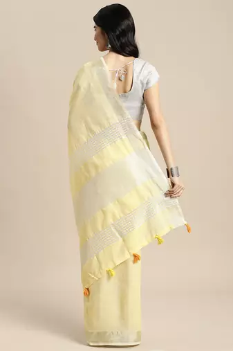 lemon yellow cotton blend saree with zari border & striped pallu
