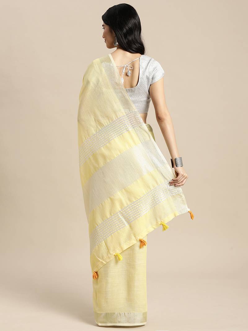 lemon yellow cotton blend saree with zari border & striped pallu