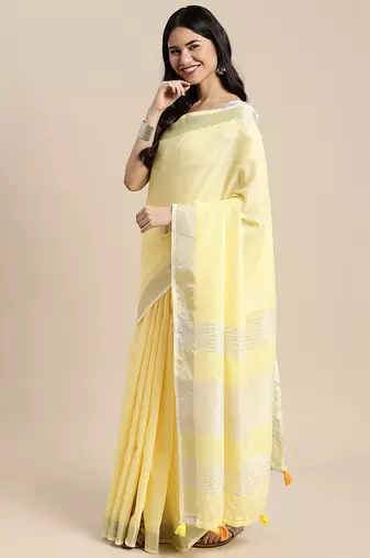 lemon yellow cotton blend saree with zari border & striped pallu