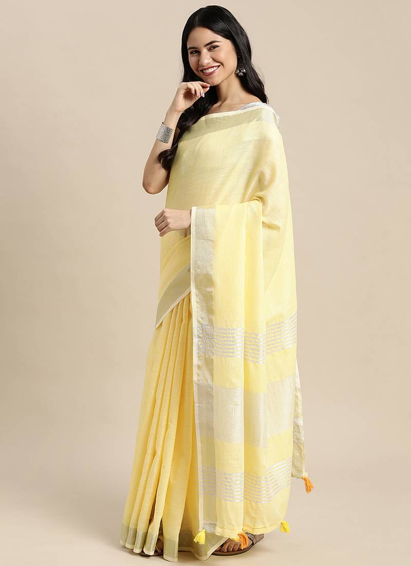 lemon yellow cotton blend saree with zari border & striped pallu