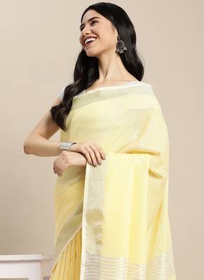 lemon yellow cotton blend saree with zari border & striped pallu 4