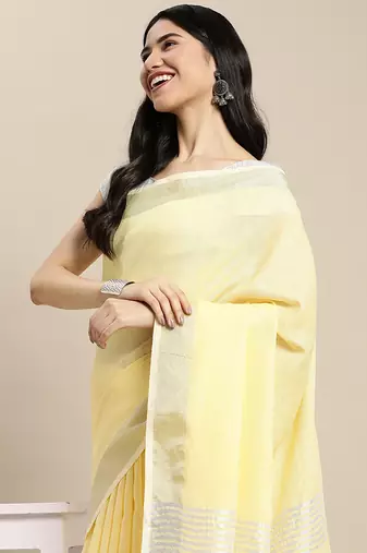 lemon yellow cotton blend saree with zari border & striped pallu