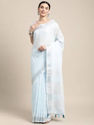 sky blue cotton blend saree with zari border & striped pallu 1