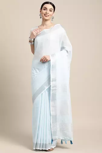 sky blue cotton blend saree with zari border & striped pallu