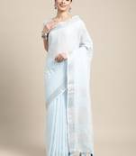 sky blue cotton blend saree with zari border & striped pallu