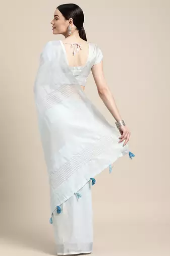 sky blue cotton blend saree with zari border & striped pallu