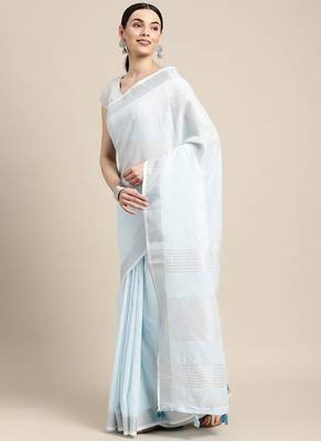 sky blue cotton blend saree with zari border & striped pallu 3