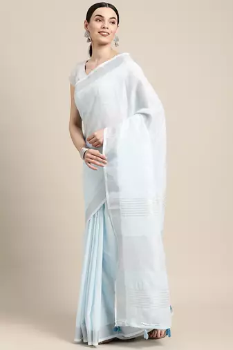 sky blue cotton blend saree with zari border & striped pallu