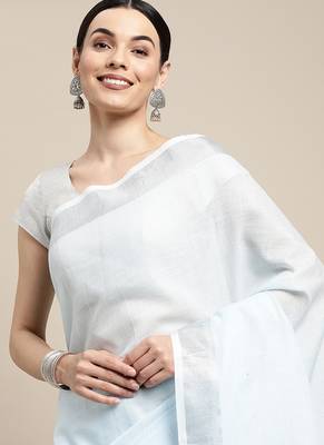 sky blue cotton blend saree with zari border & striped pallu 4
