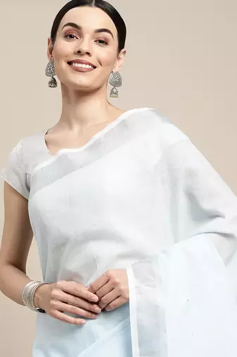sky blue cotton blend saree with zari border & striped pallu