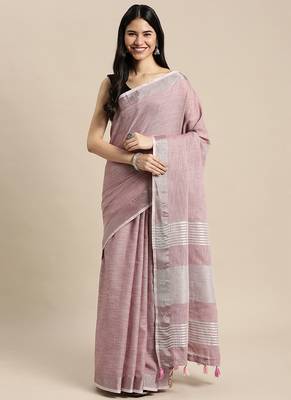 mauve cotton blend saree with zari border & striped pallu 1