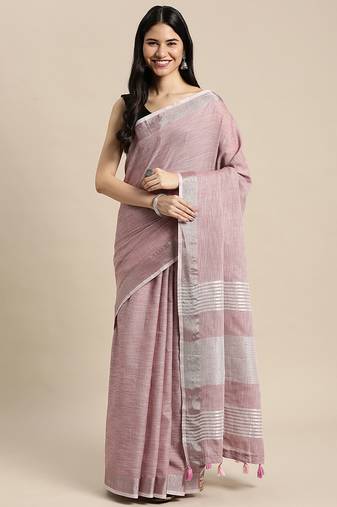 mauve cotton blend saree with zari border & striped pallu