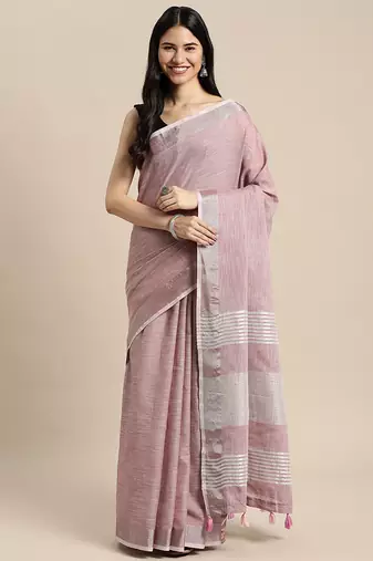mauve cotton blend saree with zari border & striped pallu