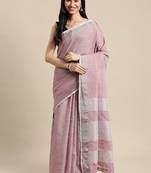 mauve cotton blend saree with zari border & striped pallu
