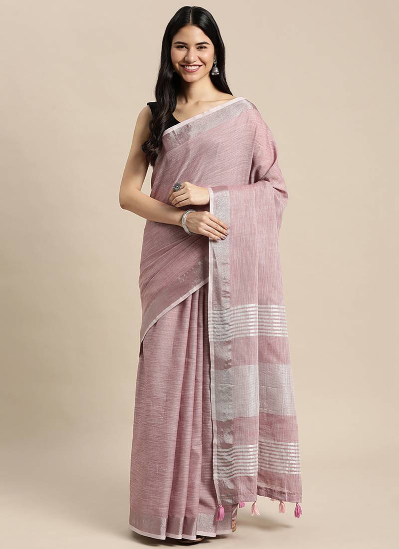 mauve cotton blend saree with zari border & striped pallu