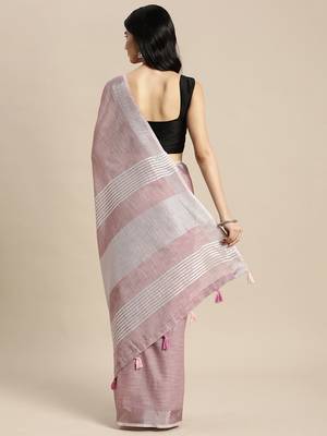 mauve cotton blend saree with zari border & striped pallu 2