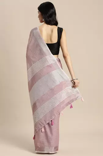 mauve cotton blend saree with zari border & striped pallu